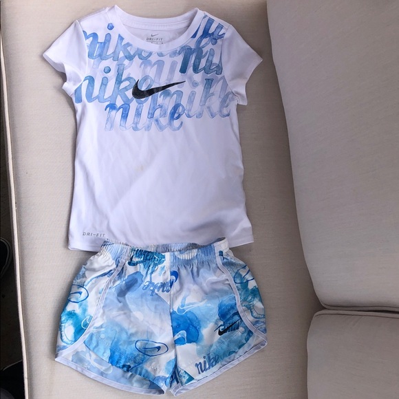 Nike Dri-fit White and Blue Graphic Tee and Shorts Girls M 5-6yrs Size 6 - Picture 1 of 5
